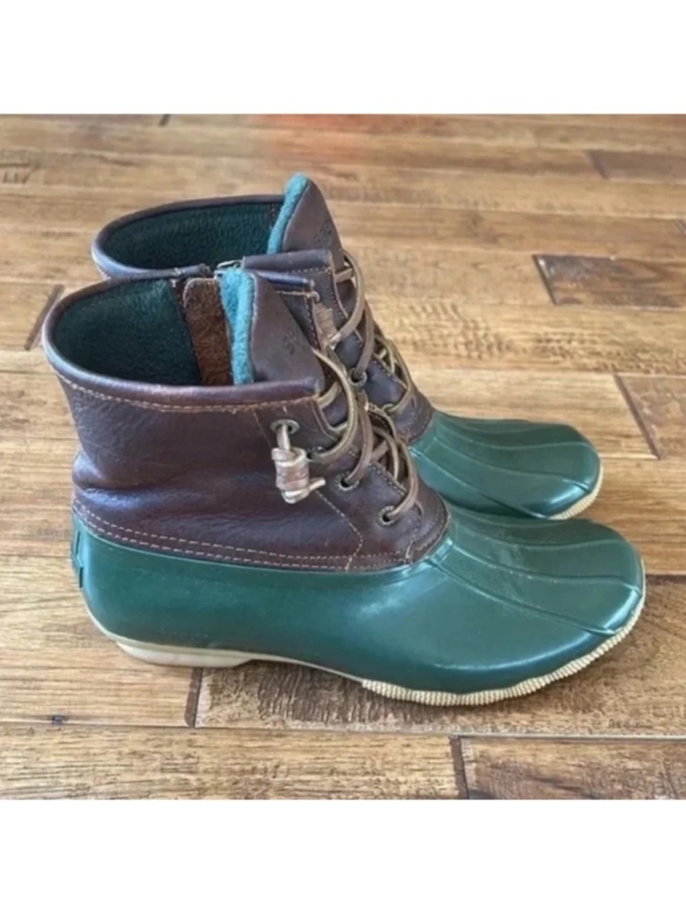 Sperry Top Sider Saltwater Duck Boots Waterproof Leather Rubber Brown Green 7.5